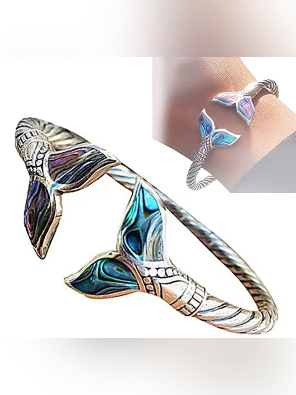 Emu Silver Cuff Bracelet with Iridescent Blue-Green Mermaid Tails